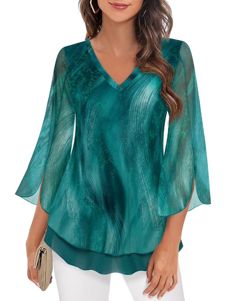 Women's Tops Green 3/4 Sleeves Floral Shirts Double Layers V Neck Blouses